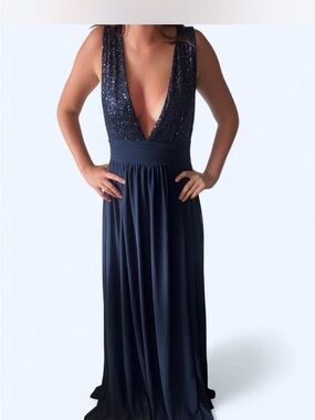 Love By Design Navy Sequin Plunging V-Neck Evening Gown